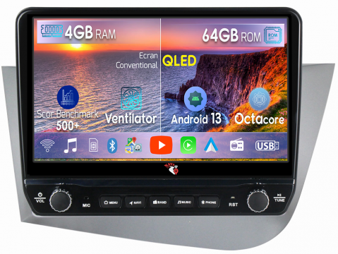 Navigatie dedicata Altea 2004-2015 cu butoane rotative model 2024, 4GB RAM 64GB ROM, Quadcore, Android 13, Display QLED 9", DSP, Carplay, Android Auto, Internet, Youtube, Waze, WIFI,