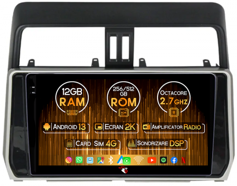 Prado 2017-2018 - Navigatie dedicata Toyota Land Prado 2017-2018, 12GB RAM 256GB ROM, Android 13, Rezolutie 2K, Display QLED, 10", DSP, Carplay, Android Auto, Internet, Youtube, Waze, Wi Fi, USB