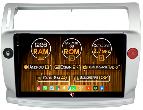 Citroen - Navigatie dedicata Citroen C4 2005-2011, 12GB RAM 256GB ROM, Android 13, Rezolutie 2K, Display QLED, 9", DSP, Carplay, Android Auto, Internet, Youtube, Waze, Wi Fi, USB