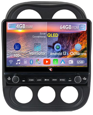 Compass Patriot 2010-2016 - Navigatie dedicata Compass 2009-2015 cu butoane rotative model 2024, 4 GB RAM 64 ROM, Quadcore, Android 13, Display QLED, 10", DSP, Carplay, Android Auto, Internet, Youtube , Waze , WI-FI