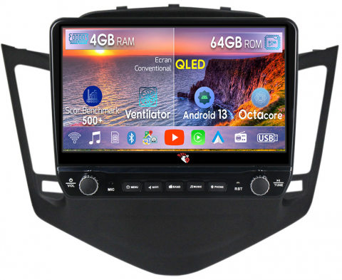 Cruze 2009-2014 - Navigatie dedicata Cruze 2009-2014 cu butoane rotative model 2024, 4 GB RAM 64 ROM, Quadcore, Android 13, Display QLED, 9", DSP, Carplay, Android Auto, Internet, Youtube , Waze , WI-FI