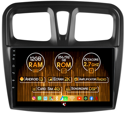 Dacia - Navigatie dedicata Dacia Logan 2 Clima 2015-2021, 12GB RAM 256GB ROM, Android 13, Rezolutie 2K, Display QLED, 9", DSP, Carplay, Android Auto, Internet, Youtube, Waze, Wi Fi, USB