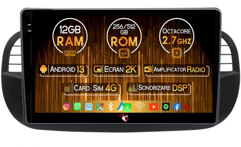 Coolway/Feiyue - Navigatie dedicata Fiat 500 2007-2015, 12GB RAM 256GB ROM, Android 13, Rezolutie 2K, Display QLED, 9", DSP, Carplay, Android Auto, Internet, Youtube, Waze, Wi Fi, USB