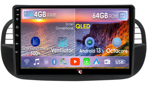 Coolway/Feiyue - Navigatie dedicata Fiat 500, 4GB RAM 64GB ROM, Octacore, Android 13, Display QLED 9", DSP, Carplay, Android Auto, Internet, Youtube, Waze, WIFI, Bluetooth