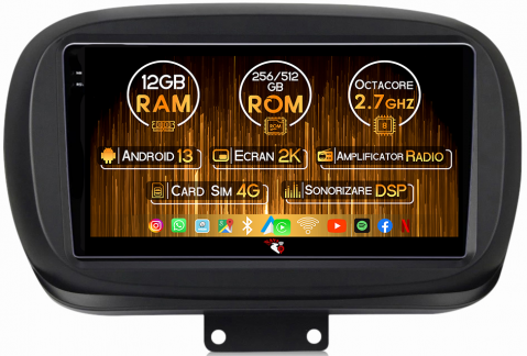500X 2014-2020 - Navigatie dedicata Fiat 500X 2014 - 2020, 12GB RAM 256GB ROM, Android 13, Rezolutie 2K, Display QLED, 9", DSP, Carplay, Android Auto, Internet, Youtube, Waze, Wi Fi, USB