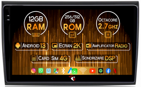 Bravo 2007-2012 - Navigatie dedicata Fiat Bravo 2007-2012, 12GB RAM 256GB ROM, Android 13, Rezolutie 2K, Display QLED, 9", DSP, Carplay, Android Auto, Internet, Youtube, Waze, Wi Fi, USB