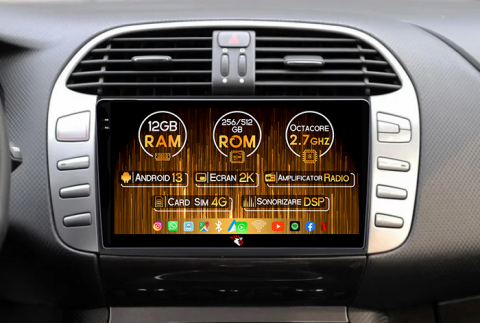 Bravo - Navigatie dedicata Fiat Bravo 2008-2015, 12GB RAM 256GB ROM, Android 13, Rezolutie 2K, Display QLED, 9", DSP, Carplay, Android Auto, Internet, Youtube, Waze, Wi Fi, USB