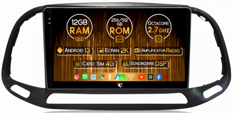 Fiat Doblo - Navigatie dedicata Fiat Doblo 2015-2019, 12GB RAM 256GB ROM, Android 13, Rezolutie 2K, Display QLED, 9", DSP, Carplay, Android Auto, Internet, Youtube, Waze, Wi Fi, USB