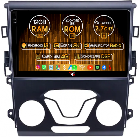 Ford - Navigatie dedicata Ford Mondeo ( 2013 + ), 12GB RAM 256GB ROM, Android 13, Rezolutie 2K, Display QLED, 9", DSP, Carplay, Android Auto, Internet, Youtube, Waze, Wi Fi, USB