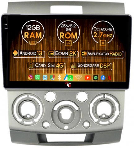 Ranger 2006-2011 - Navigatie dedicata Ford Ranger 2006-2011, 12GB RAM 256GB ROM, Android 13, Rezolutie 2K, Display QLED, 9", DSP, Carplay, Android Auto, Internet, Youtube, Waze, Wi Fi, USB