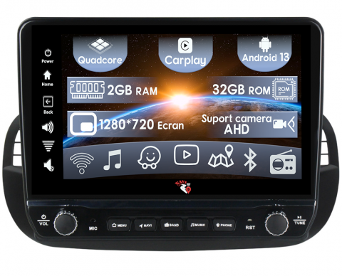 Coolway/Feiyue - Navigatie dedicata Fiat 500 cu butoane rotative model 2024, 9 Inch, 2GB RAM 32GB ROM, Quadcore, Android 13, WiFi, Bluetooth, Magazin Play