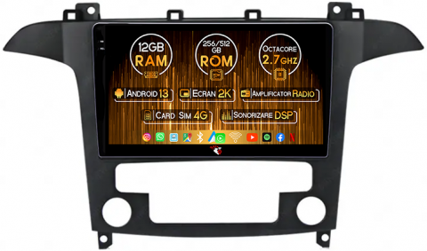 Navigatii Dedicate - Navigatie dedicata Ford S-MAX 2006-2015, 12GB RAM 256GB ROM, Android 13, Rezolutie 2K, Display QLED, 9", DSP, Carplay, Android Auto, Internet, Youtube, Waze, Wi Fi, USB