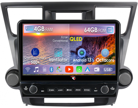Highlander (2007-2014) - Navigatie dedicata Highlander 2007-2013 cu butoane rotative model 2024, 4GB RAM 64GB ROM, Quadcore, Android 13, Display QLED 10", DSP, Carplay, Android Auto, Internet, Youtube, Waze,