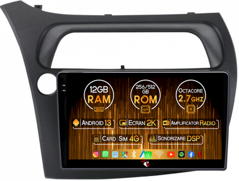 Honda - Navigatie dedicata Honda Civic 2005-2011, 12GB RAM 256GB ROM, Android 13, Rezolutie 2K, Display QLED, 9", DSP, Carplay, Android Auto, Internet, Youtube, Waze, Wi Fi, USB