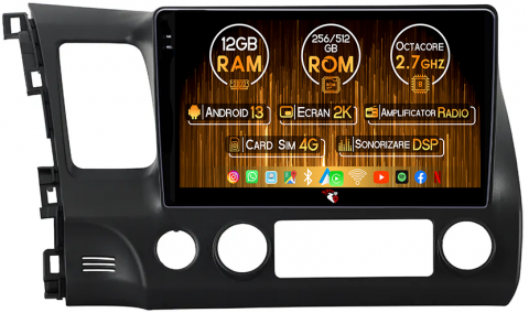 Honda - Navigatie dedicata Honda Civic 2006-2011, 12GB RAM 256GB ROM, Android 13, Rezolutie 2K, Display QLED, 10", DSP, Carplay, Android Auto, Internet, Youtube, Waze, Wi Fi, USB