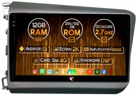 Civic (2011-2015) - Navigatie dedicata Honda Civic 2012-2015, 12GB RAM 256GB ROM, Android 13, Rezolutie 2K, Display QLED, 9", DSP, Carplay, Android Auto, Internet, Youtube, Waze, Wi Fi, USB