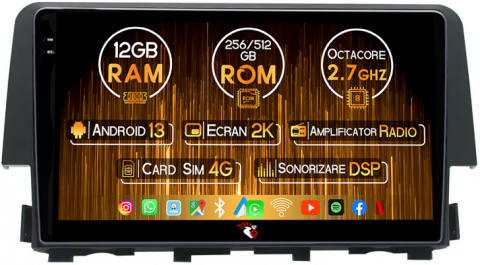 Civic (2016+) - Navigatie dedicata Honda Civic 2016-2018, 12GB RAM 256GB ROM, Android 13, Rezolutie 2K, Display QLED, 9", DSP, Carplay, Android Auto, Internet, Youtube, Waze, Wi Fi, USB