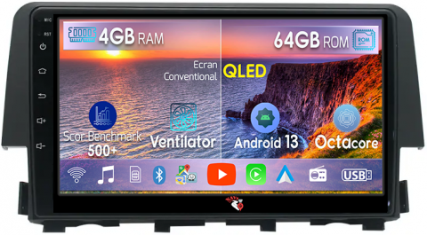 Honda - Navigatie dedicata Honda Civic 2016-2020, 4GB RAM 64GB ROM, Octacore, Android 13, Display QLED 9", DSP, Carplay, Android Auto, Internet, Youtube, Waze, WIFI, Bluetooth