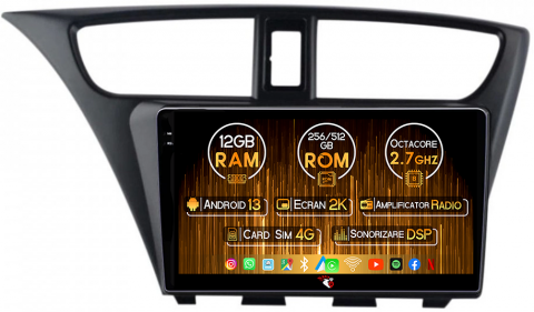 Civic (2011-2015) - Navigatie dedicata Honda Civic IX Hatchback 2011-2015, 12GB RAM 256GB ROM, Android 13, Rezolutie 2K, Display QLED, 9", DSP, Carplay, Android Auto, Internet, Youtube, Waze, Wi Fi,