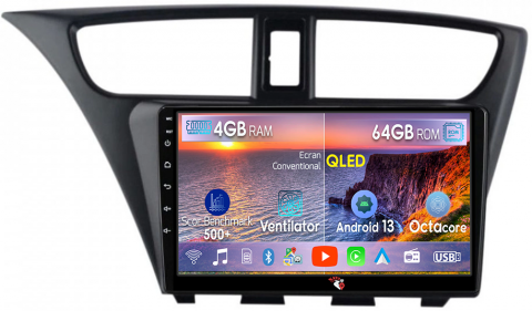Civic (2011-2015) - Navigatie dedicata Honda Civic IX Hatchback 2011-2015, 4GB RAM 64GB ROM, Octacore, Android 14, Display QLED 1K 9", Carplay&Android Auto, SIM 4G, Ventilator Activ