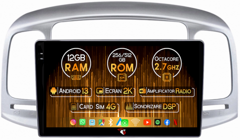 Hyundai - Navigatie dedicata Hyundai Accent 2006-2012 C-Accent, 12GB RAM 256GB ROM, Android 13, Rezolutie 2K, Display QLED, 9", DSP, Carplay, Android Auto, Internet, Youtube, Waze, Wi Fi, U