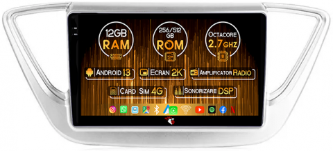 Hyundai - Navigatie dedicata Hyundai Accent 2017-2018, 12GB RAM 256GB ROM, Android 13, Rezolutie 2K, Display QLED, 9", DSP, Carplay, Android Auto, Internet, Youtube, Waze, Wi Fi, USB