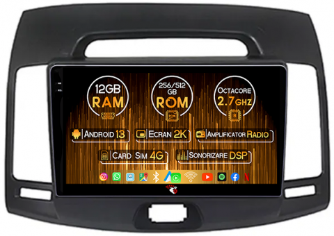 Hyundai - Navigatie dedicata Hyundai Elantra 2006-2011, 12GB RAM 256GB ROM, Android 13, Rezolutie 2K, Display QLED, 9", DSP, Carplay, Android Auto, Internet, Youtube, Waze, Wi Fi, USB