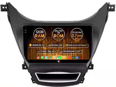 Hyundai - Navigatie dedicata Hyundai Elantra 2011-2013, 12GB RAM 256GB ROM, Android 13, Rezolutie 2K, Display QLED, 9", DSP, Carplay, Android Auto, Internet, Youtube, Waze, Wi Fi, USB