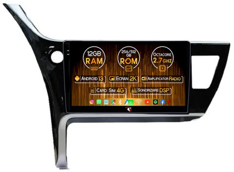 Toyota Corolla 2017-2019 - Navigatie dedicata Toyota Corolla 2017-2019, 12GB RAM 256GB ROM, Android 13, Rezolutie 2K, Display QLED, 10.2", DSP, Carplay, Android Auto, Internet, Youtube, Waze, Wi Fi, USB