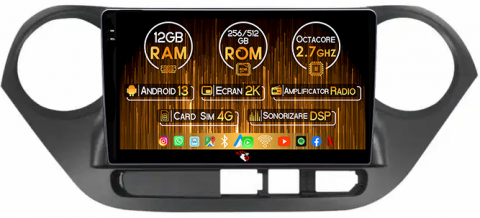 Hyundai - Navigatie dedicata Hyundai I10, 12GB RAM 256GB ROM, Android 13, Rezolutie 2K, Display QLED, 9", DSP, Carplay, Android Auto, Internet, Youtube, Waze, Wi Fi, USB