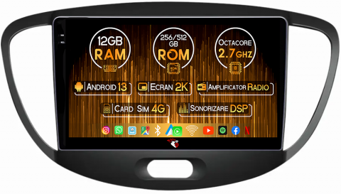 Hyundai - Navigatie dedicata Hyundai i10 2007-2013, 12GB RAM 256GB ROM, Android 13, Rezolutie 2K, Display QLED, 9", DSP, Carplay, Android Auto, Internet, Youtube, Waze, Wi Fi, USB