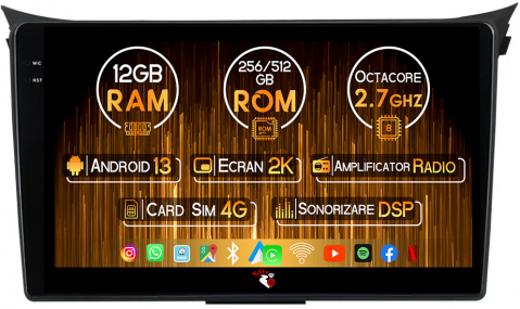 I30 2011-2017 - Navigatie dedicata Hyundai i30 2011-2017, 12GB RAM 256GB ROM, Android 13, Rezolutie 2K, Display QLED, 9", DSP, Carplay, Android Auto, Internet, Youtube, Waze, Wi Fi, USB
