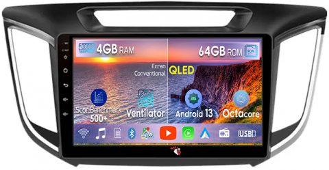 Hyundai - Navigatie dedicata Hyundai ix 25 / Creta, 4GB RAM 64GB ROM, Octacore, Android 13, Display QLED 9", DSP, Carplay, Android Auto, Internet, Youtube, Waze, WIFI, Bluetooth