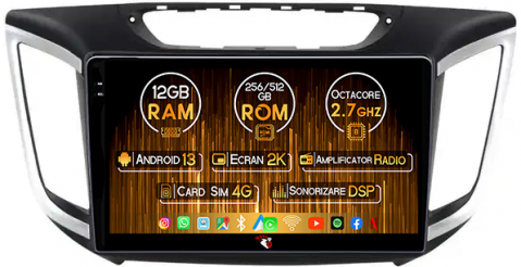 IX25 2015-2019 - Navigatie dedicata Hyundai IX25 2015-2019, 12GB RAM 256GB ROM, Android 13, Rezolutie 2K, Display QLED, 10", DSP, Carplay, Android Auto, Internet, Youtube, Waze, Wi Fi, USB