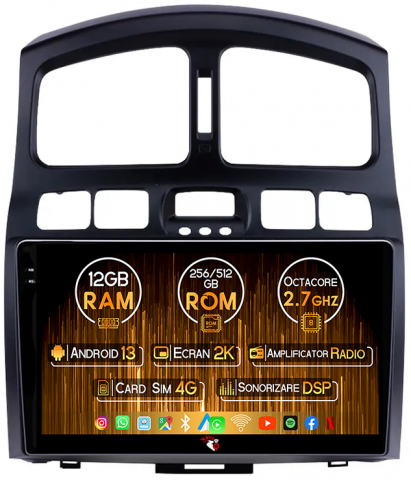 Hyundai - Navigatie dedicata Hyundai Santa Fe 2000-2012, 12GB RAM 256GB ROM, Android 13, Rezolutie 2K, Display QLED, 9", DSP, Carplay, Android Auto, Internet, Youtube, Waze, Wi Fi, USB