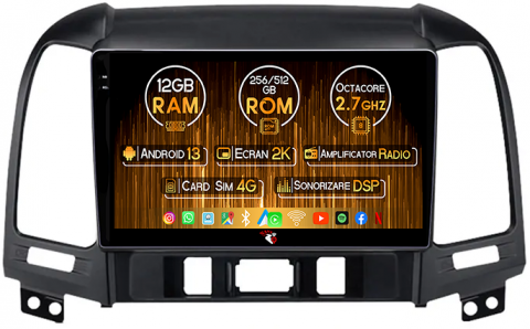 Hyundai - Navigatie dedicata Hyundai Santa Fe, 2005-2012, 12GB RAM 256GB ROM, Android 13, Rezolutie 2K, Display QLED, 9", DSP, Carplay, Android Auto, Internet, Youtube, Waze, Wi Fi, USB