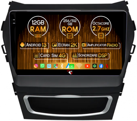 Hyundai - Navigatie dedicata Hyundai Santa Fe 2012-2018, 12GB RAM 256GB ROM, Android 13, Rezolutie 2K, Display QLED, 9", DSP, Carplay, Android Auto, Internet, Youtube, Waze, Wi Fi, USB