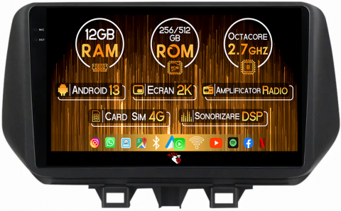 Hyundai - Navigatie dedicata Hyundai Tucson IX35 2019+, 12GB RAM 256GB ROM, Android 13, Rezolutie 2K, Display QLED, 9", DSP, Carplay, Android Auto, Internet, Youtube, Waze, Wi Fi, USB