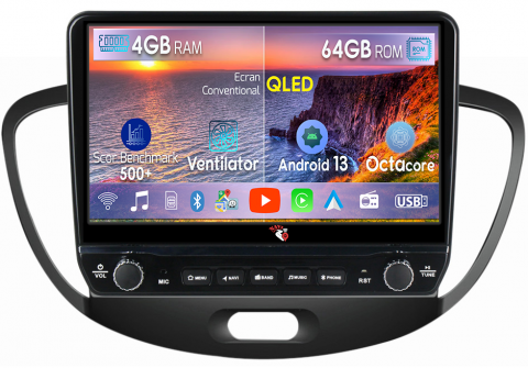 i10 2007-2013 - Navigatie dedicata i10 2007-2013 cu butoane rotative model 2024, 4 GB RAM 64 ROM, Quadcore, Android 13, Display QLED, 9", DSP, Carplay, Android Auto, Internet, Youtube , Waze , WI-FI
