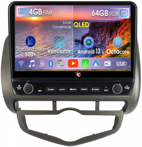 Honda - Navigatie dedicata Jazz City 2002-2007 cu butoane rotative model 2024, 4 GB RAM 64 ROM, Quadcore, Android 13, Display QLED, 9", DSP, Carplay, Android Auto, Internet, Youtube , Waze , WI-FI