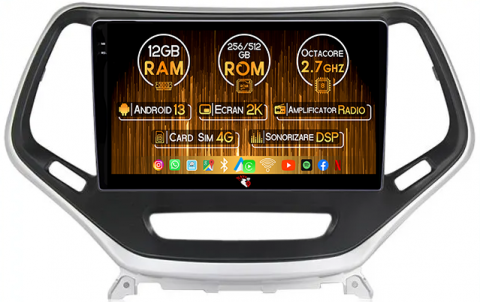 Cherokee 5 2014-2018 - Navigatie dedicata Jeep Cherokee 5 2014-2018, 12GB RAM 256GB ROM, Android 13, Rezolutie 2K, Display QLED, 9", DSP, Carplay, Android Auto, Internet, Youtube, Waze, Wi Fi, USB