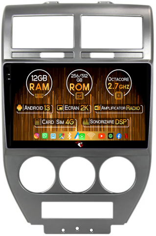Navigatii Dedicate - Navigatie dedicata Jeep Compass 2007-2009, 12GB RAM 256GB ROM, Android 13, Rezolutie 2K, Display QLED, 10", DSP, Carplay, Android Auto, Internet, Youtube, Waze, Wi Fi, USB