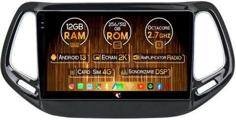 Compass 2016-2018 - Navigatie dedicata Jeep Compass 2016-2018, 12GB RAM 256GB ROM, Android 13, Rezolutie 2K, Display QLED, 10", DSP, Carplay, Android Auto, Internet, Youtube, Waze, Wi Fi, USB