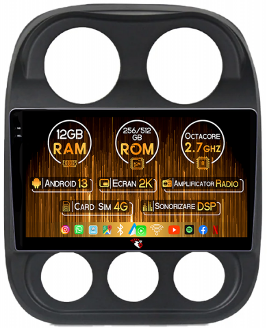 Compass Patriot 2010-2016 - Navigatie dedicata Jeep Compass Patriot 2010-2016, 12GB RAM 256GB ROM, Android 13, Rezolutie 2K, Display QLED, 10", DSP, Carplay, Android Auto, Internet, Youtube, Waze, Wi Fi, USB