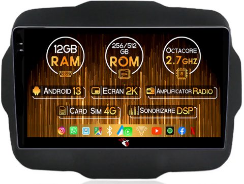 Renegade 2014-2018 - Navigatie dedicata Jeep Renegade 2014-2018, 12GB RAM 256GB ROM, Android 13, Rezolutie 2K, Display QLED, 9", DSP, Carplay, Android Auto, Internet, Youtube, Waze, Wi Fi, USB
