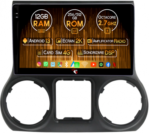 Navigatii Dedicate - Navigatie dedicata Jeep Wrangler 2011-2016, 12GB RAM 256GB ROM, Android 13, Rezolutie 2K, Display QLED, 10", DSP, Carplay, Android Auto, Internet, Youtube, Waze, Wi Fi, USB