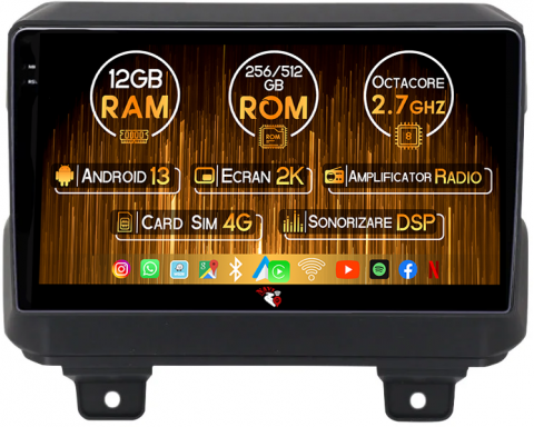 Wrangler 2018-2019 - Navigatie dedicata Jeep Wrangler 2018-2019, 12GB RAM 256GB ROM, Android 13, Rezolutie 2K, Display QLED, 9", DSP, Carplay, Android Auto, Internet, Youtube, Waze, Wi Fi, USB
