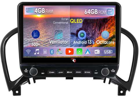Juke 2010-2014 - Navigatie dedicata Juke 2010-2014 cu butoane rotative model 2024, 4GB RAM 64GB ROM, Quadcore, Android 13, Display QLED 9", DSP, Carplay, Android Auto, Internet, Youtube, Waze, WIFI, B