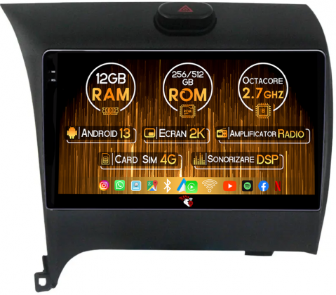 Cerato 2013-2017 - Navigatie dedicata Kia Cerato 2013-2017, 12GB RAM 256GB ROM, Android 13, Rezolutie 2K, Display QLED, 9", DSP, Carplay, Android Auto, Internet, Youtube, Waze, Wi Fi, USB