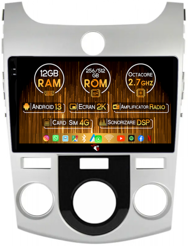 Forte Cerato 2008-2013 - Navigatie dedicata KIA Forte Cerato 2008-2013, 12GB RAM 256GB ROM, Android 13, Rezolutie 2K, Display QLED, 9", DSP, Carplay, Android Auto, Internet, Youtube, Waze, Wi Fi, USB